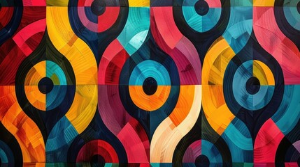 Poster - Kaleidoscopic Geometry in Vivid Color Interlocking Circles and Triangles Forming Rhythmic Pattern