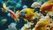 A group of fish in a tank, one of which is yellow