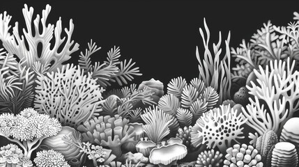 Wall Mural - A black and white drawing of a coral reef with many different types of sea life