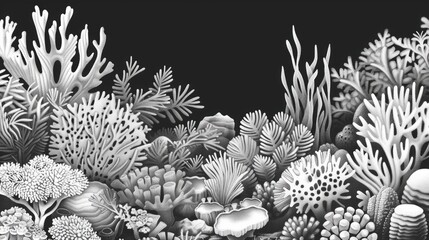 Poster - A black and white drawing of a coral reef with many different types of sea life