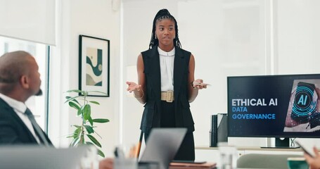 Poster - Black woman, screen or AI presentation for business people in meeting, workshop and cybersecurity training. Teaching, talking or speaker in seminar for vision or ethical future growth at conference