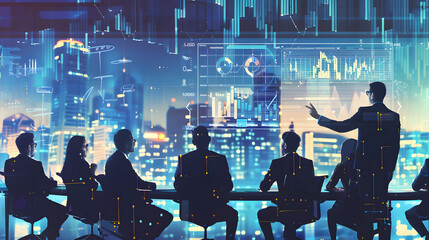 Wall Mural - A business presentation with the background showing a cityscape and digital graphs