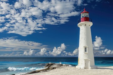 Wall Mural - A lighthouse is on a beach with a blue sky and white clouds. The lighthouse is tall and white with a red top. The ocean is calm and the beach is sandy