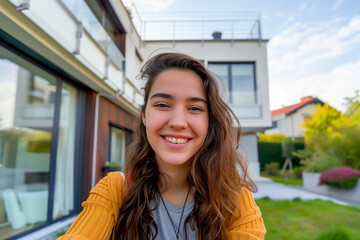 Young happy woman taking selfie in front of the house. Moving to new house.