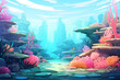 Underwater landscape. Oceanic background with seaweed, corals, fish. Ocean sea life in modern flat design. Trendy cartoon illustration