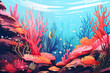 Underwater colorful landscape. Oceanic background with seaweed, corals, fish. Ocean sea life in modern flat design. Trendy cartoon illustration