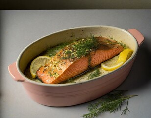 A salmon steak covered in a dill and lemon zest crust, baking in an oven, placed in a ceramic dish that complements the salmon's vibrant color, showcasing the simplicity of oven baking