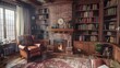 A cozy retro living room with a brick fireplace, a leather armchair, and a collection of vintage books displayed on built-in shelves, perfect for cozy nights in