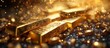 Stack of shiny gold bars on the golden reflect light background business and finance saving concept