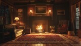 Fototapeta  - A cozy retro living room with a fireplace, a plush rug, and a comfortable sectional sofa, inviting you to curl up with a good book on a lazy afternoon