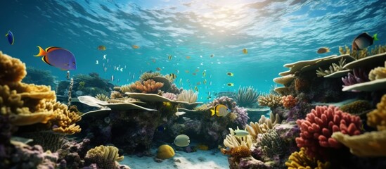 The beauty of tropical scene with sea life on coral reefs