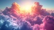 the sun shines brightly through the clouds in a blue, pink, and purple hued sky above the clouds.