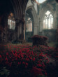 Ruins of gothic church taken over by red flowers