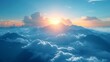 the sun shines brightly above the clouds in the sky above a mountain range in the middle of the day.