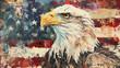 A bald eagle and an American flag in the background