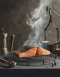 A freshly smoked salmon steak resting on a wire rack, with wisps of smoke still rising, set against the backdrop of a rustic kitchen with vintage smoking tools