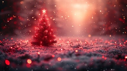 Wall Mural - a red christmas tree sitting in the middle of a snow covered field with a bright light shining down 