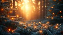 The Sun Shines Brightly Through The Trees In A Forest Filled With Pine Cones And Evergreen Needles, While The Lights Shine Brightly In The Background.