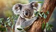 Close-up of a cute koala climbing a tree and munching on eucalyptus leaves. Adorable wildlife moment captured in nature's embrace