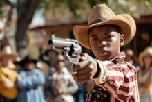 Young African American Cowboy Aiming A Revolver In A Historic Reenactment