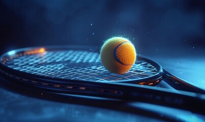 Close up of a tennis ball on the racket. Perfect image for sports and active lifestyle themes.