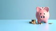 Grinning pink pig piggy bank beside a pile of gold coins, isolated on blue background. Investment success, savings concept. For Design, Background, Cover, Poster, Banner, PPT, KV design, Wallpaper