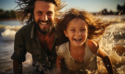 Wall Mural - Father and Daughter Playing in Water