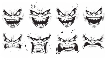 a set of cartoon angry faces with different expressions and expressions, all in black and white, on a white background.
