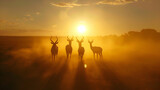 Elegant antelopes silhouetted against the setting sun, casting long shadows on the dusty African horizon