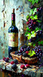 © Sudjai - Still life with bottle of red wine, grapes and basket with blackberries. Oil painting.