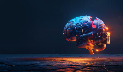 Human Brain Puzzle Piece Connected to Global Sphere on dark background. Brainstorming concept. 3D Rendering