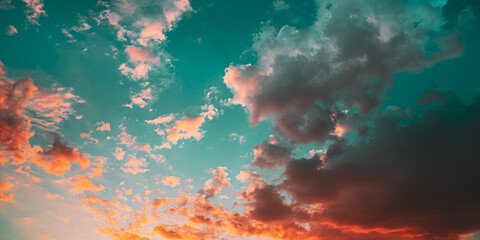 Sticker - Dramatic Sunset Sunrise Sky With Blue, Orange And Yellow Colors. Panorama Evening Or Morning Sky