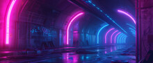 Neon-Lit Abandoned Industrial Hallway. Deserted Industrial Interior Bathed In Neon Pink And Blue Lights, With Urban Graffiti And Puddles Reflecting The Eerie Glow.
