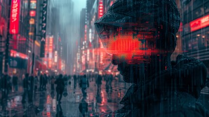 Wall Mural - A man is standing in the rain with a hood on. The city is lit up with neon signs and the man is looking at the camera. Scene is somewhat melancholic and lonely