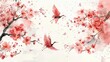 Elegant Watercolor Floral Frame with Origami Cranes and Cherry Blossom Branches on Pastel Background