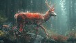 A deer is walking through a forest with a blurry background. The deer is the main focus of the image, and it is a digital art piece