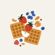 Waffle with fresh berries and nuts. Food retro style illustration. Vector illustration