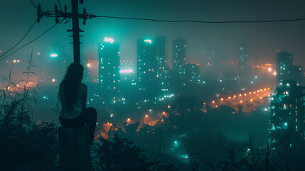 Wall Mural - a girl sitting on a utility pole in the middle of the picture, with a city night view and high-rise buildings behind her. AI generative