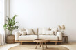 Interior Living Room, Empty Wall Mockup In White Room With Cream Sofa And Green Plants, 3d Render Real Room Template