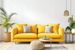 Interior Living Room, Empty Wall Mockup In White Room With Yellow Sofa And Green Plants, 3d Render Real Room Template