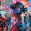 Holographic tags, futuristic street art, a cyborg artist creating digital graffiti in a cyberpunk metropolis