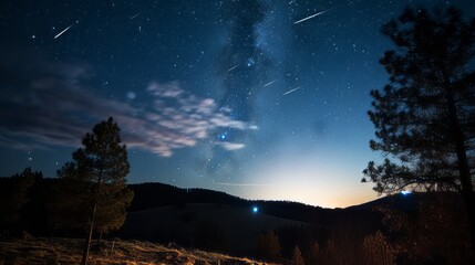 A meteor shower illuminating the dark sky