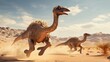A pair of gallimimus dinosaurs sprinting across a desert