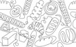 Continuous line drawing doodle seamless pattern with pastries.  Bakery background. Vector illustration.