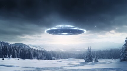 Wall Mural - a ufo sighting over a snow-covered landscape