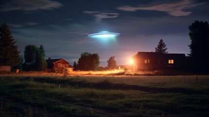 Wall Mural - A ufo emitting colorful lights in a rural area