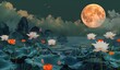 Landscape with lotuses under the moonlight. The concept of a quiet evening and the beauty of nature.