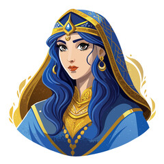 Sticker - A woman with a blue head scarf and gold earrings. She has a blue dress and a gold necklace