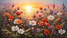 Beautiful Wildflowers Against The Background Of
Sunrise