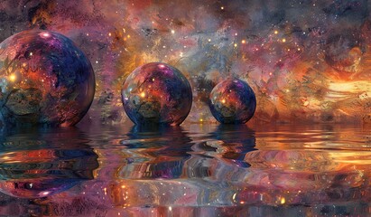 Wall Mural - reflecting spheres in water against a space nebula backdrop, space and reflection concept.